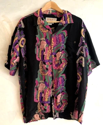 Camisa Hawaiana Avanti Negra Seda Asiática Lei Dama Aloha Hawaiana Cuchara Kahala L Foto 1 de 4