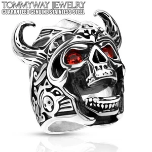 Stainless Steel Men's Ornate Viking Skull w/ Red CZ Eyes Biker Ring - Picture 1 of 1