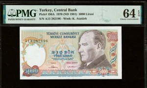 Turkey 5000 Lirasi 1970 PMG 64 EPQ UNC P # 196A Central Bank - Picture 1 of 4