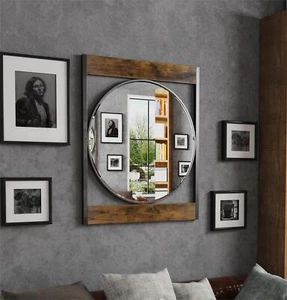 Rectangle Industrial Metal Wood Frame Wall Accent Mirror Wall Mounted Decorative - Picture 1 of 12