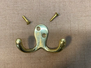 STANLEY Wall Mount Double Prong Coat Hat Towel Robe Hook Polished Brass - Picture 1 of 6