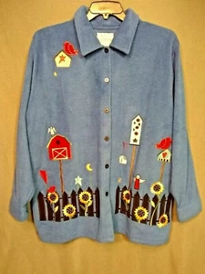 QUACKER FACTORY size 1X Blue FLEECE Garden Embroidered Shirt Jacket EUC n186 - Picture 1 of 9