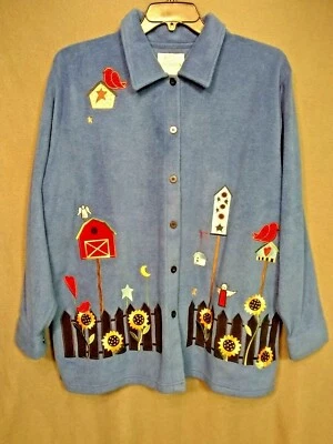 QUACKER FACTORY size 1X Blue FLEECE Garden Embroidered Shirt Jacket EUC n186 - Image 1 of 4