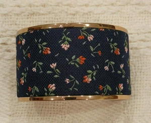 Manolo Blahnik Gold Tone Bracelet Cuff with Navy Floral Fabric Detail Never Worn - Picture 1 of 8