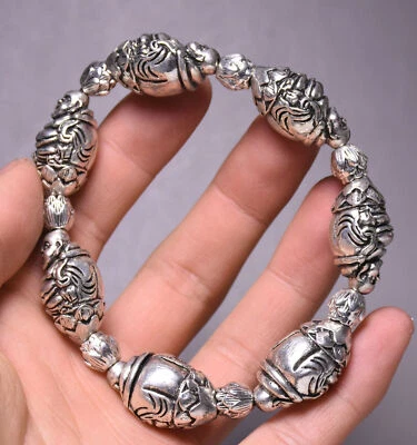 10 CM Antiguo Tíbet Plata Feliz Risa Maitreya Buda Mano Cadena Pulsera Joyería Foto 1 de 4