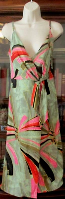 NUEVO CON ETIQUETAS $425 Vestido Jason Wu Tropical Dorado Acento Imitación Envolvente Corbata Mezcla Lino Talla 10 Foto 1 de 4