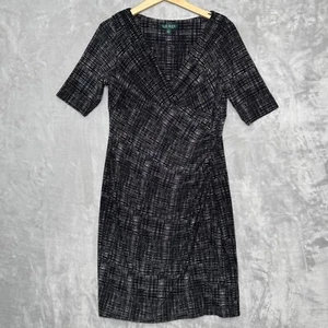 Lauren Ralph Lauren Kleid Damen 14 Schwarz Weiß Faux Wickel Jersey Strick V-Ausschnitt - Bild 1 von 11