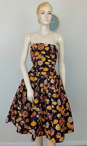 VINTAGE 50ER JAHRE SCHWARZ & GELB BLUMENDRUCK VOLLROCK BARDOT PROM PARTYKLEID 8 - Bild 1 von 11