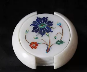 Marble Tea coaster set lapis Floral design Handicrafts home decor Gifts - Picture 1 of 2