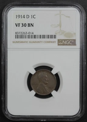 1914 D Lincoln centavo de cobre trigo 1C NGC MUITO BOM ESTADO 30 BN - Imagem 1 de 4
