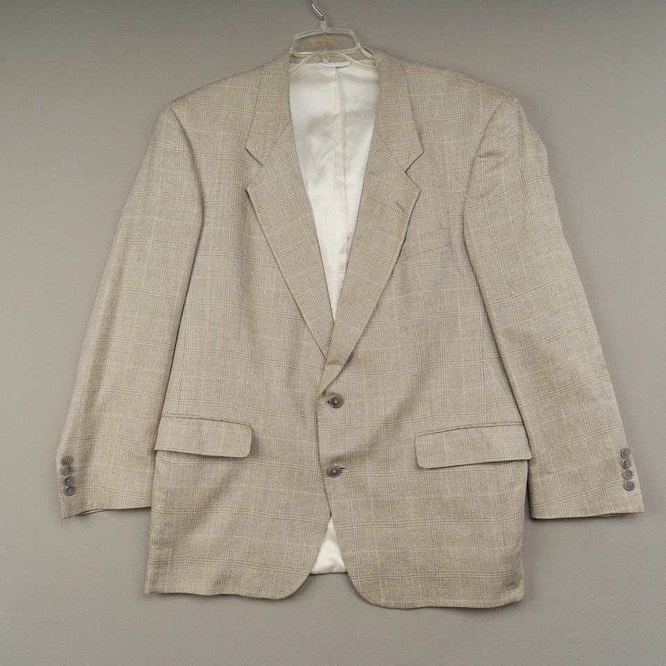 Hart Schaffner Marx Pure Silk Blazer Mens 44R Beige Plaid 2-Button Sport Coat - Image 1 of 4