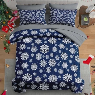 Christmas 7 Pcs Comforter Set Size, Christmas Snowflakes King Blue Snowflakes - Image 1 of 4