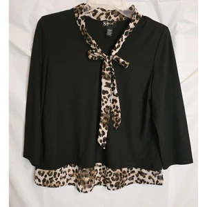 80 Park Blouse Pullover Women's Size S 3/4 Sleeve Black Cheeta Print Bow Tie - Picture 1 of 7