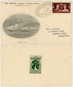 GB 1937 CORONACIÓN en CUBIERTA CONGRESO FILATÉLICO FOLKESTONE + SOBREIMPRESIÓN DE ETIQUETA - Imagen 1 de 3