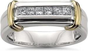 1.20Ct Princess Cut Real Moissanite Men's Wedding Ring 14K 2-Tone Gold Plated - Picture 1 of 4