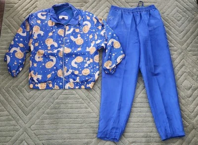 Винтажная шелковая куртка и брюки синий небесные планеты звезды солнце лавон молнии L - Изображение 1 из 4