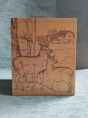 Cubierta de caja de pañuelos de madera de ciervo quemada decoración de cabaña rústica firmada numerada Foto 1 de 4