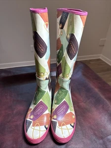 Coach Pammie Rain Boots Multi Color Tag Print Pattern Rubber Wellington Boots 11 - Picture 1 of 11