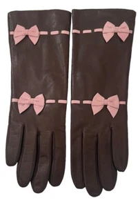 Lord & Taylor Dark Brown Leather Gloves With Pink Bows Polyester Lined Size 7 - Picture 1 of 4