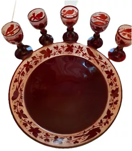 5 Antique Bohemian Glass Bird Cordials With Matching Glass Tray Handblown Red - Picture 1 of 9