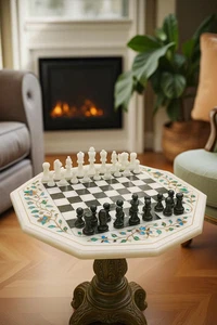 Luxury Handmade Marble Chess Set – Black & White Stone Board with Pieces – Home - Picture 1 of 8