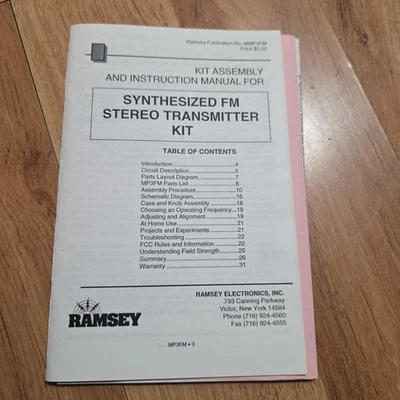 Instruction Manual for Ramsey Electronics MP3FM FM Stereo Transmitter Kit - Image 1 of 3
