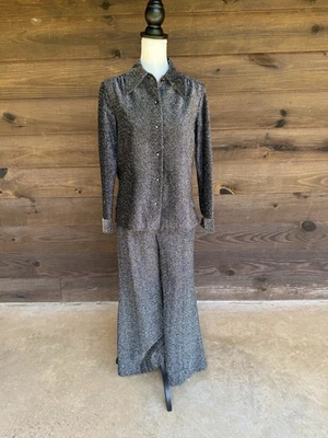 Vintage 70s Black Silver Metallic  2 pc Pant Suit Bell Bottom Disco XS-S - Image 1 of 4