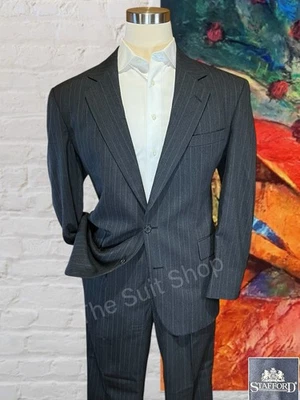 Stafford Mens 46R 38x31 Gray Stripe 2 Piece Suit Worsted Wool - Image 1 of 4