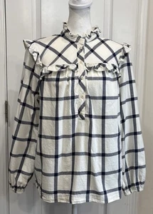J. CREW Ruffle Popover Top Flannel Small White Windowpane Plaid Cottagecore - Picture 1 of 21