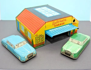 GLAM TOYS GLAMORGAN TOY PRODUCTS 1935-53 TIN TOY GTP 584 AUTOMATIC GARAGE & CARS - Picture 1 of 10