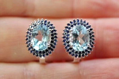Pendientes de plata topacio zafiro gemas naturales genuinas diseño de tachuelas de ley maciza Foto 1 de 4