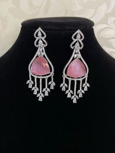 28.74 TCW Pink Moonstone & White Sapphire Dangling Engagement Earrings For Woman - Picture 1 of 6