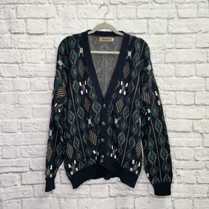 VTG 80’s Jantzen Mens Cardigan Sweater Size XL Acrylic Geometric Button Black - Picture 1 of 6