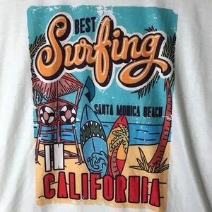 SURFING Santa Monica Beach California SHIRT Sz L White Polyester Spandex Blend - Picture 1 of 7