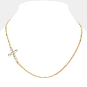 Gold Sideways Cross Pendant Necklace Chain Rhinestone Trend Statement Jewelry - Picture 1 of 3