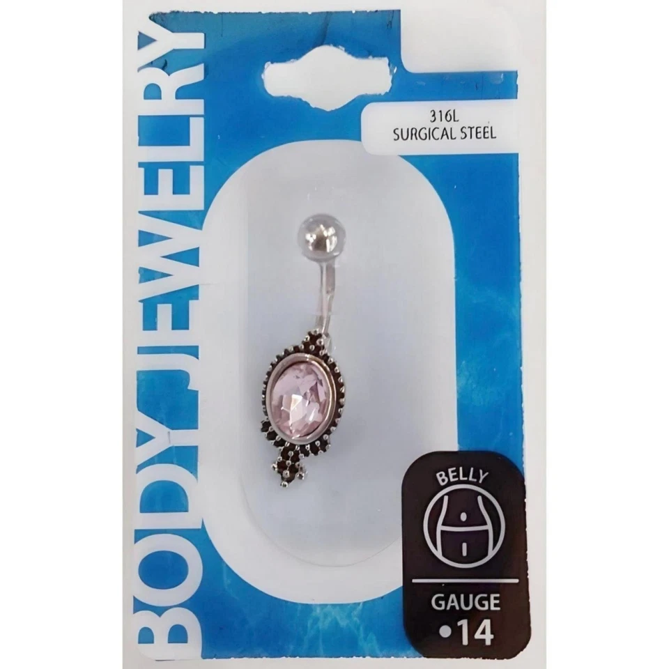 14g Cubic Zirconia Light Pink Crystal Filigree Belly Ring - Image 1 of 1
