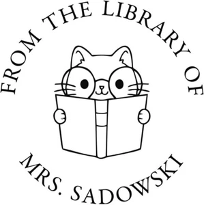 Individueller Bibliotheksstempel mit Büchern und Katze - 1-5/8" - Markieren Sie Ihre Bibliothek - Bild 1 von 3