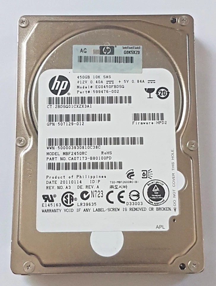 450 GB SAS HP EG0450FBDSQ 10000RPM 16MB HDD 2.5" Hard Disk Interna - Immagine 1 di 1