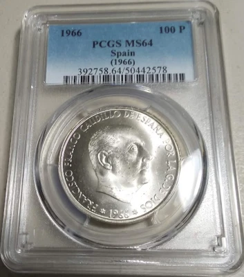 :1966(66) S100 PESETAS SPAIN FRANCO NEAR GEM PCGS MS64 RARE R6 14/10 HIGH GRADE - Image 1 of 2