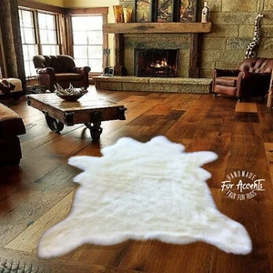 Faux Fur White Cow Hide Rug Shaggy Plush Handmade in USA by FUR ACCENTS 5' x 6' - Picture 1 of 5