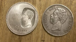 1873 1973 Simón Bolívar 10 Bolívares Venezuela y 1871 5 Pesetas España Amadeo I - Imagen 1 de 2