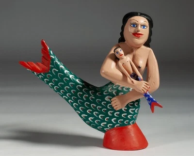 Mexican Folk Art Wood Carving - Mermaid & Baby - Coindo Melchor Gomez - Signed - Image 1 of 4