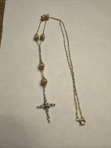 Collier chaîne or 10 carats croix diamant Y 6 perles or filigrane 20" 2,4g - Photo 1/8