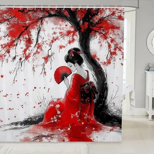 Ästhetischer Japan Geisha Duschvorhang 72" Bx84 L, rot Kirschblüten Stoff Sh... - Bild 1 von 6
