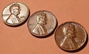 3 LINCOLN MEMORIAL PENNIES, 1961-P, 1963-D & 1968-P W/ TILTED 8, FREE SHIPPING - Picture 1 of 2
