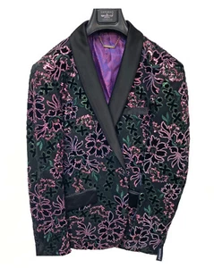 Men's Barabas Purple & Black Tuxedo Jacket Sequined Floral Print Slim Fit 36 XS - Picture 1 of 5