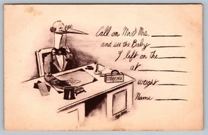 Postkarte Anthropomorpher Storchenarzt MD Copp Shinn Baby Ankündigung Fantasy - Bild 1 von 2