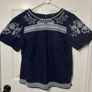 Banana Republic Navy Blue and White Embroidered Blouse Women’s Size M - Picture 1 of 7
