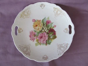 VTG Cake Plate Handled Germany Roses Pink Yellow 9.5" Gold - Picture 1 of 5