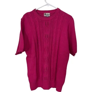Kobe womens Sweater L Fuchsia Pink Cable Knit Crewneck Short Sleeves Pullover - Picture 1 of 7